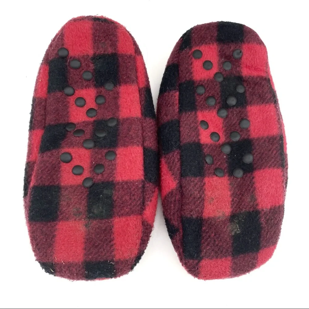 Buffalo Check Plaid Flannel Slippers Sherpa-Lined Rubber Grip Bottom House Shoe